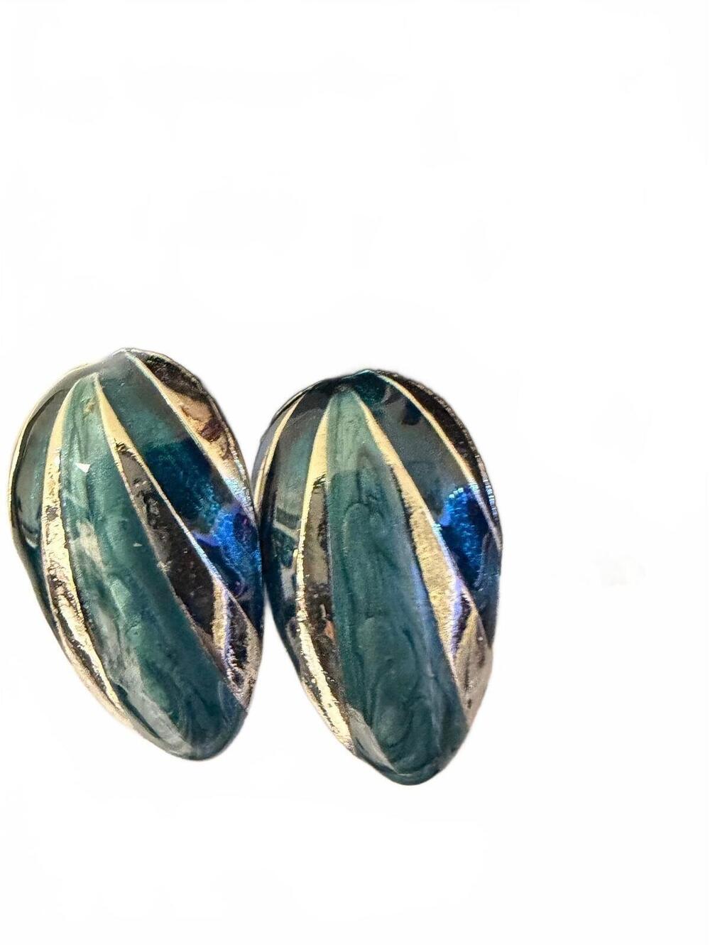 Teal striped oval clip earrings